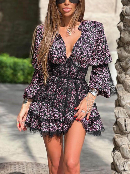 Floral Waist-Tied Long Sleeve Lace Mini Dress
