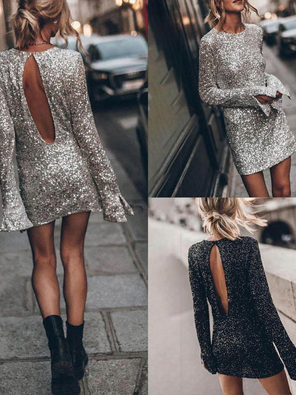 Sequined Fitted Long Sleeve Mini Dress