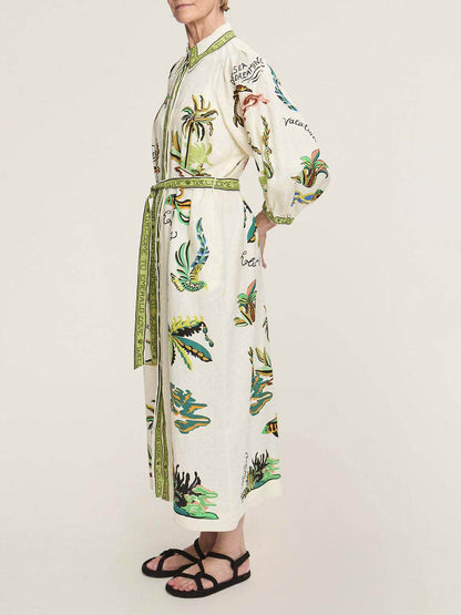 Casual Stand Collar Open-Front Tied Linen Dress