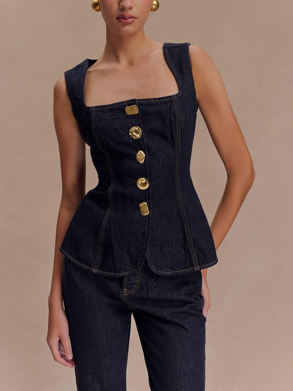 Sleeveless Button Denim Vest Top