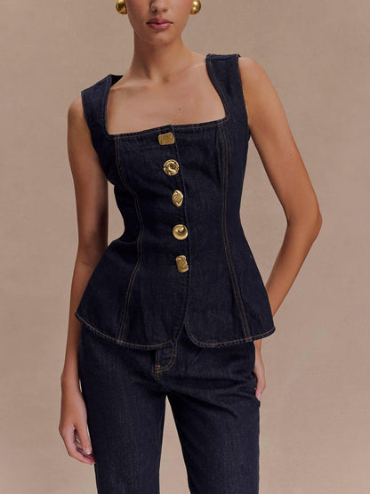 Sleeveless Button Denim Vest Top
