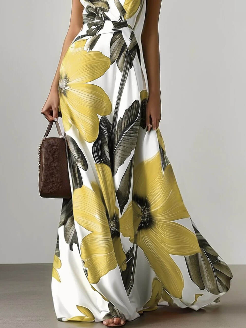 Floral Print V Neck Sleeveless A-Line Maxi Dress