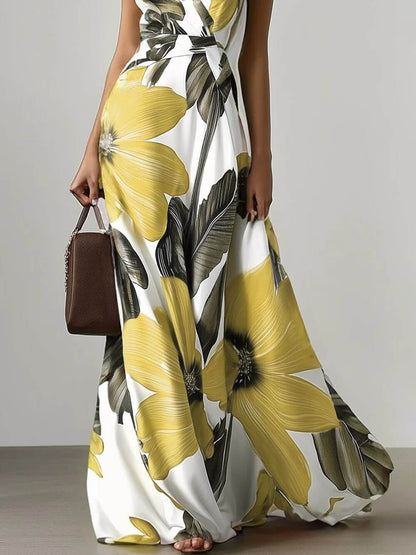 Floral Print V Neck Sleeveless A-Line Maxi Dress