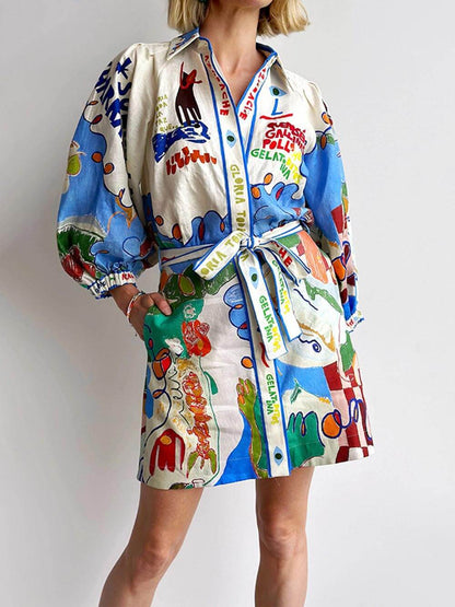 Unique Linen Print Cardigan Lace-Up Dress