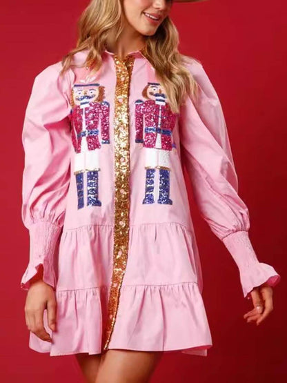 Christmas Lapel Contrast Sequin Long Sleeve Mini Dress