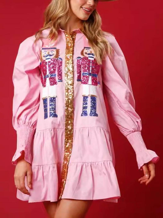 Christmas Lapel Contrast Sequin Long Sleeve Mini Dress