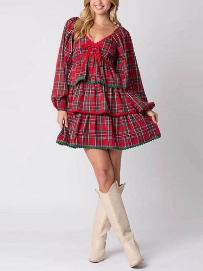 Christmas Plaid Layered Long Sleeve Dress