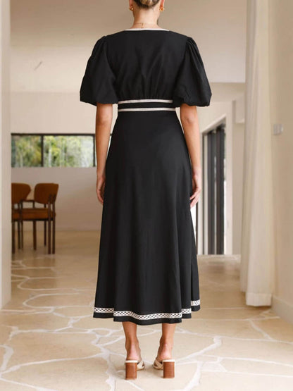 V-Neck Lace Puff Sleeve Maxi Dress
