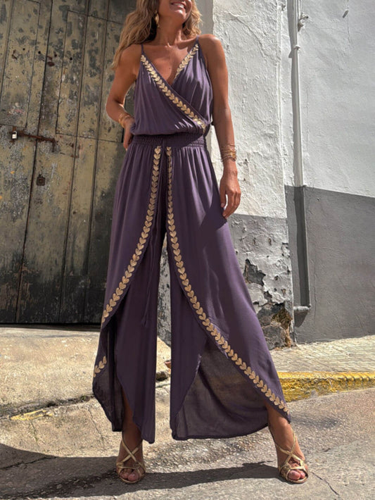 Chic Gold Accent Cross-Neck Jumpsuit