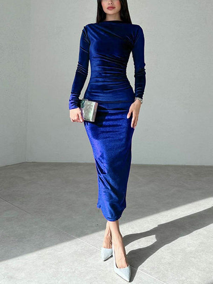 Fitted Ruched Round Neck Long Sleeve Dress