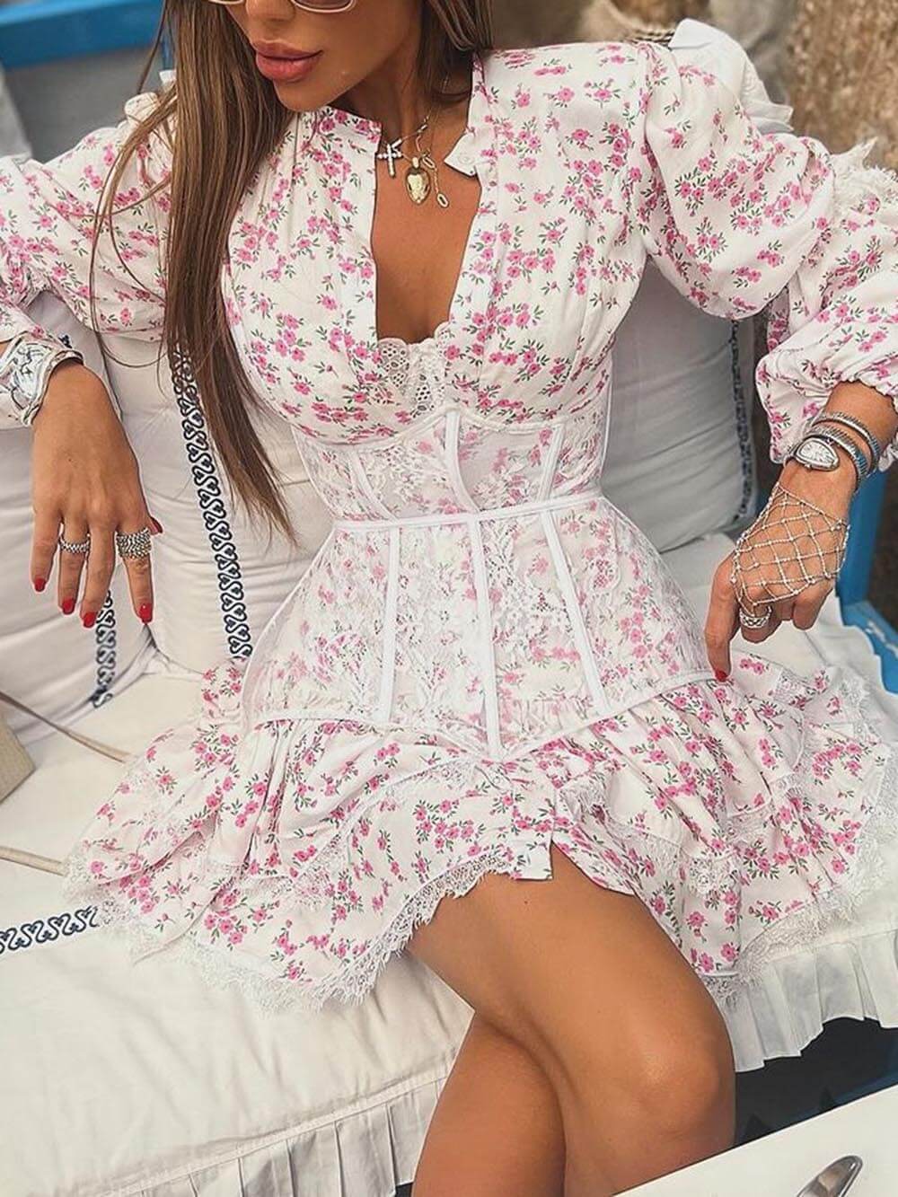 Floral Waist-Tied Long Sleeve Lace Mini Dress