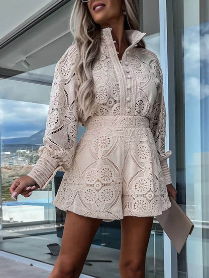 Casual Lace Shirt and Shorts Two Piece