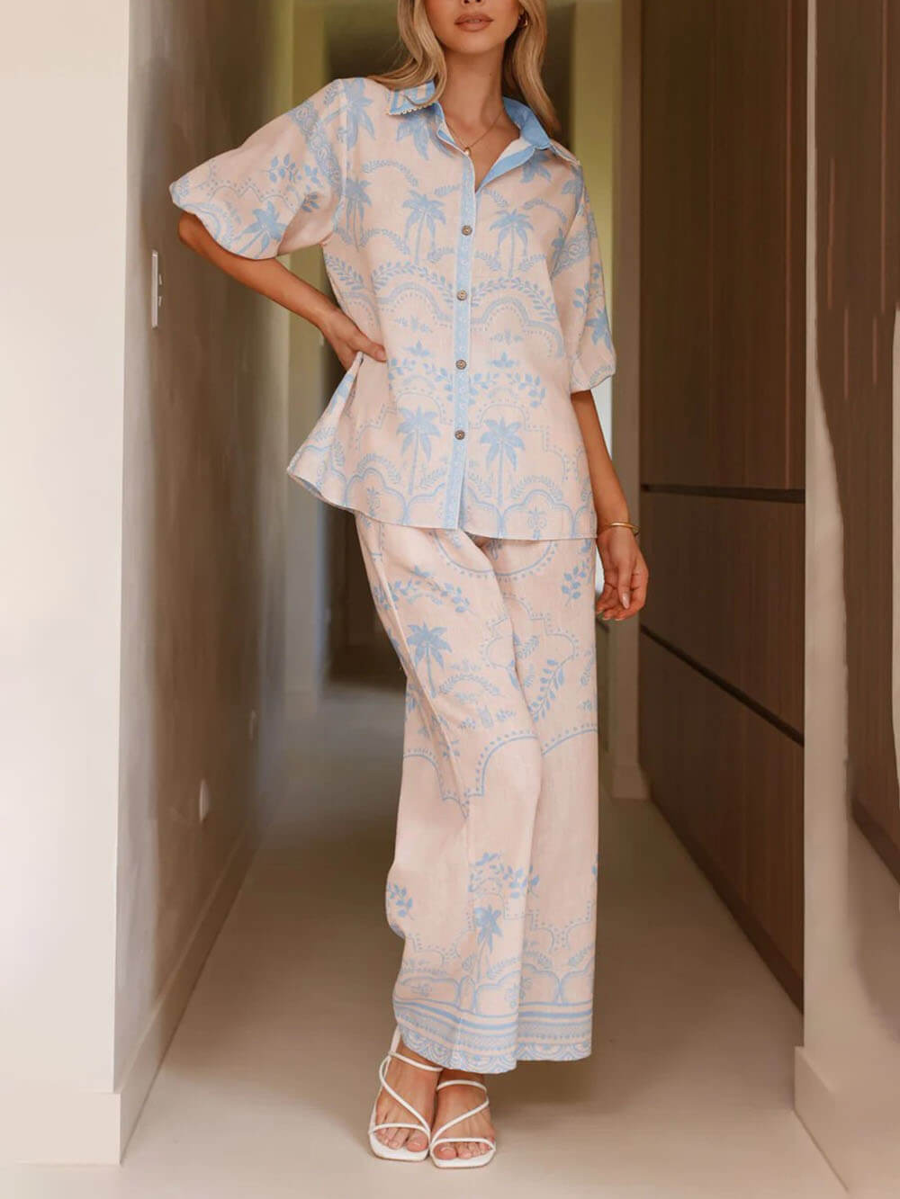 Linen Print Belted Top Pants Set