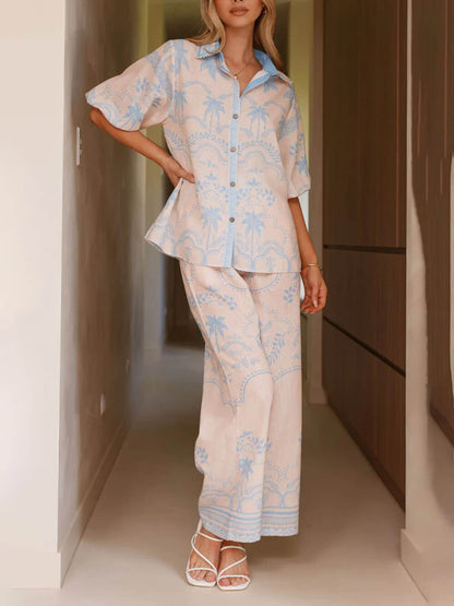 Linen Print Belted Top Pants Set