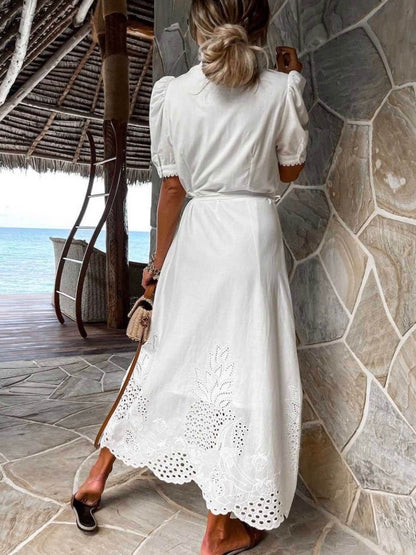 Hollow Short Sleeve Waist-Tied Flared Dress