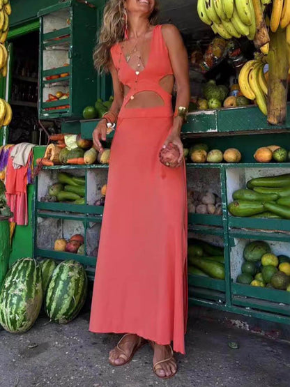 Floral V-Neck Waist Cutout Fitted Dress