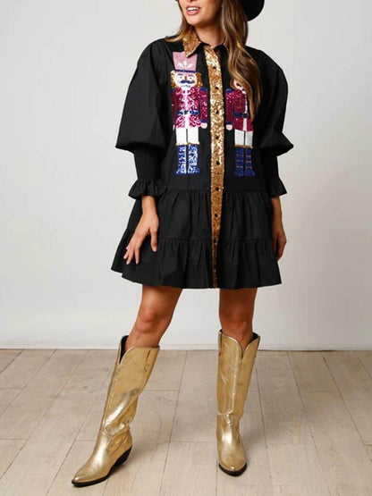 Christmas Lapel Contrast Sequin Long Sleeve Mini Dress