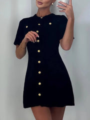 Delicate Short Sleeve Buttoned Knit Mini Dress