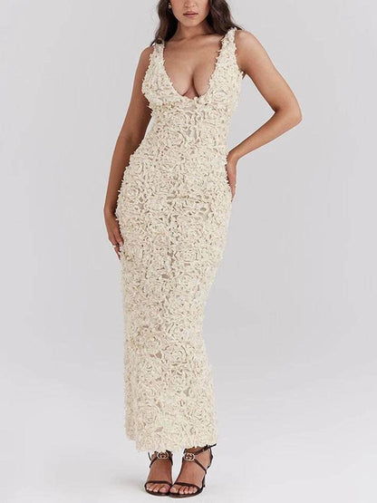 Floral Applique Deep V Neck Dress