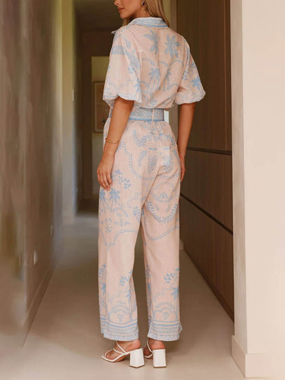 Linen Print Belted Top Pants Set