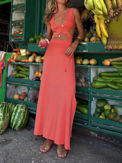 Floral V-Neck Waist Cutout Fitted Dress