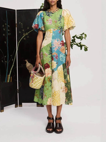 Graffiti Lantern Sleeve Casual Fashion Linen Dress