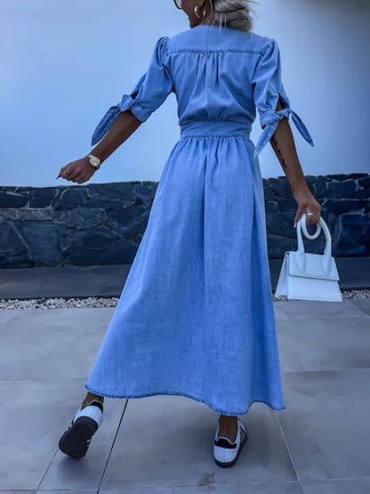Unique Pleats Solid Color V-Neck Button-Down Denim Dress