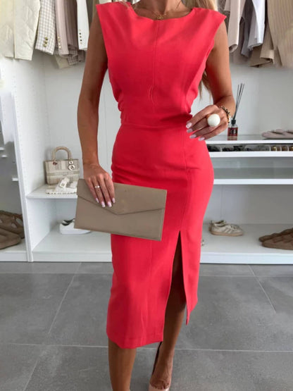 Elegant Charming Lady Round Neck Sleeveless Slit Midi Dress