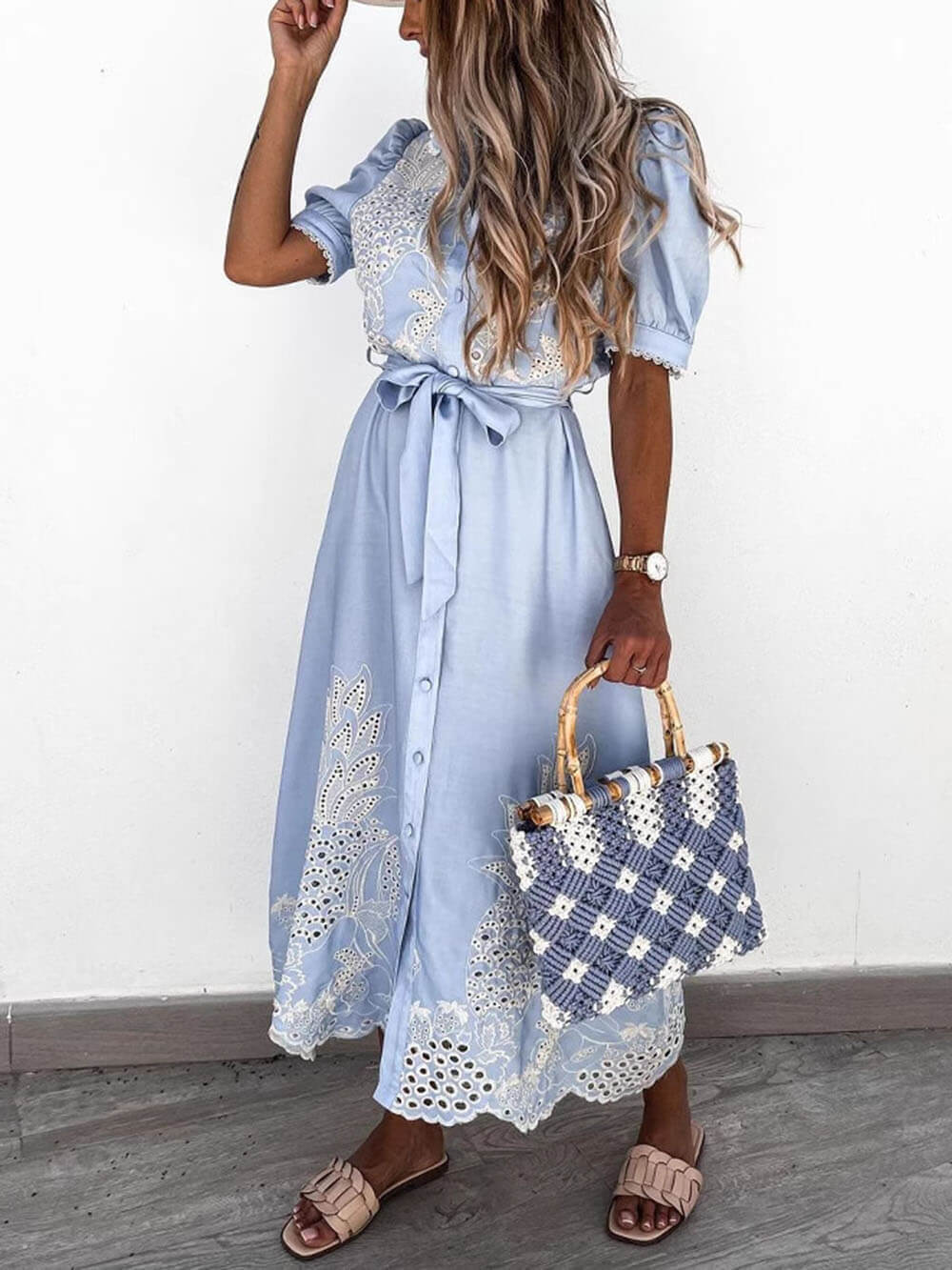 Hollow Short Sleeve Waist-Tied Flared Dress