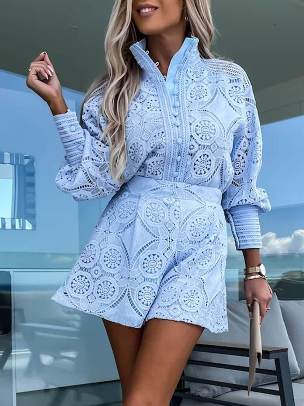 Casual Lace Shirt and Shorts Two Piece
