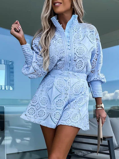 Casual Lace Shirt and Shorts Two Piece