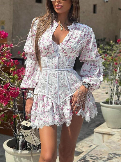 Floral Waist-Tied Long Sleeve Lace Mini Dress