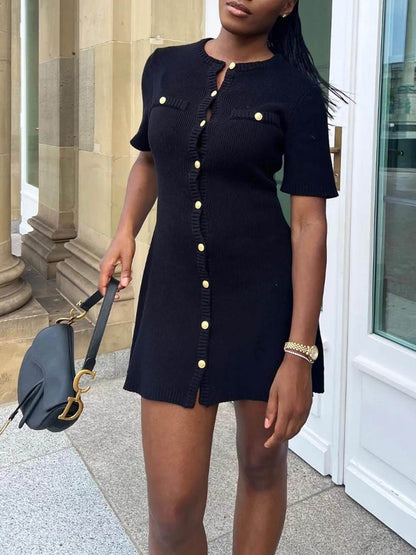 Delicate Short Sleeve Buttoned Knit Mini Dress