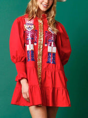 Christmas Lapel Contrast Sequin Long Sleeve Mini Dress