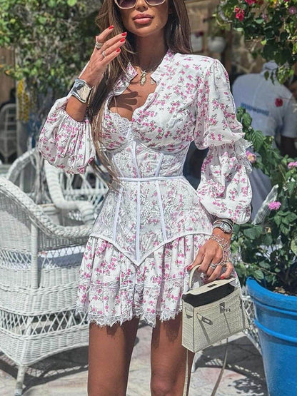 Floral Waist-Tied Long Sleeve Lace Mini Dress