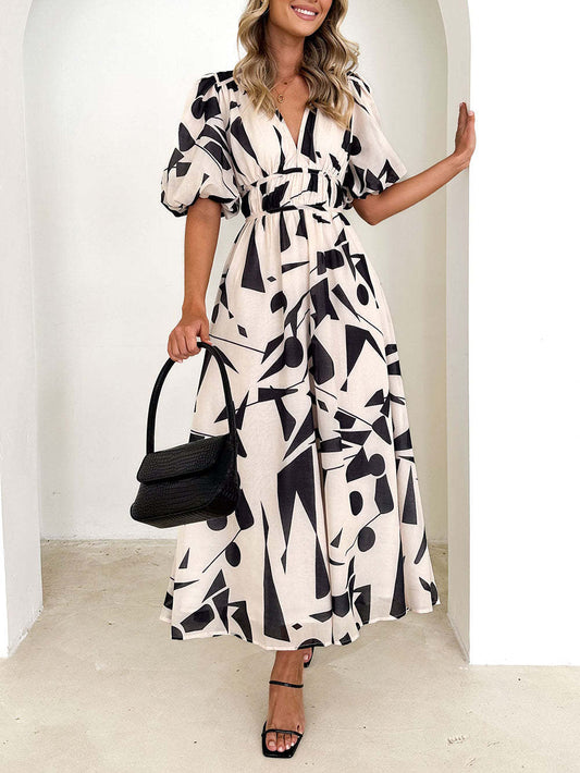 Beige Geometric Print Midi Dress