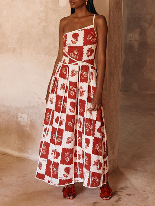 Fashion Strappy Print Trim Dress