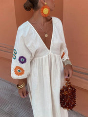 Floral Print V-Neck Lantern Sleeves Backless Dress