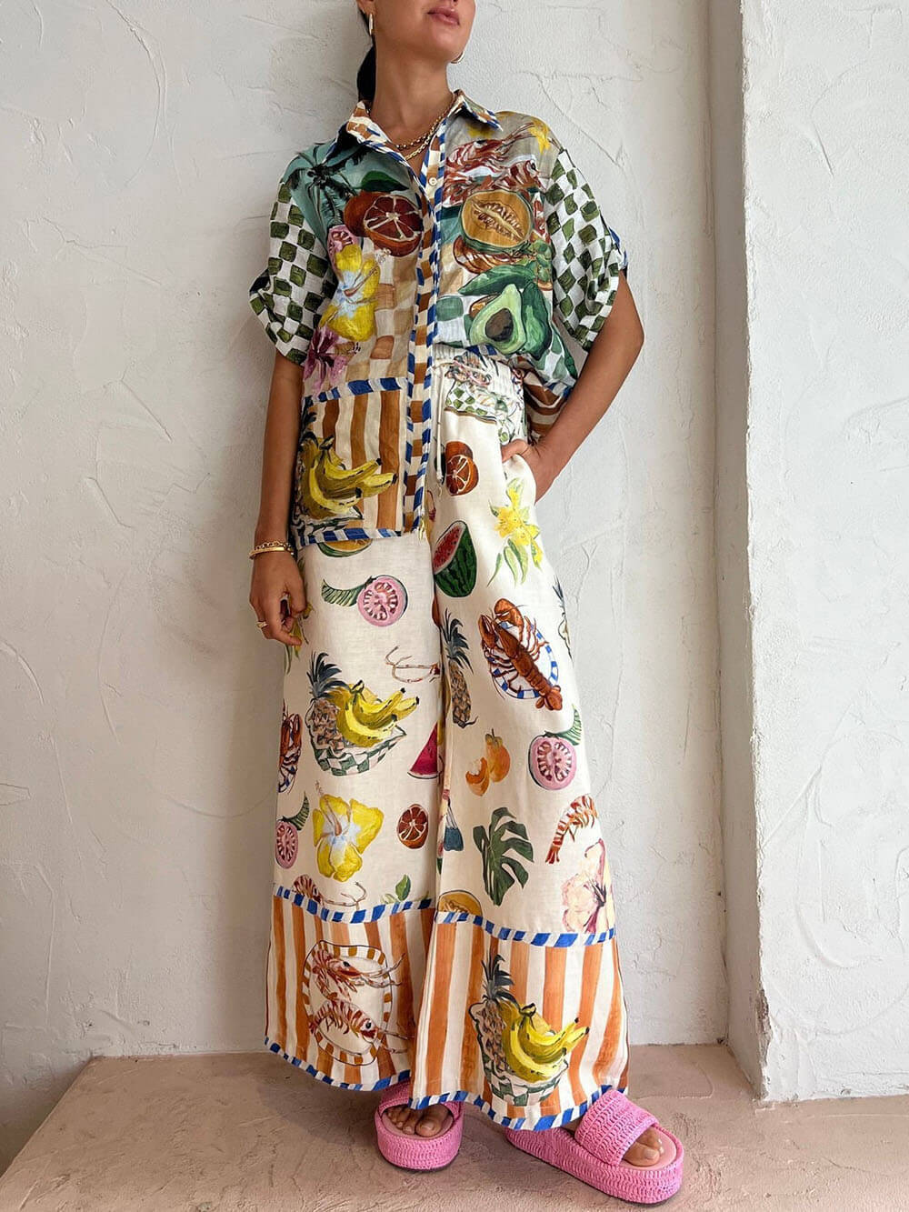 Tropical Fruit Print Shirt Pants Set