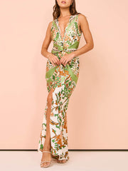 Paisley Print Twist Knot Slit Maxi Dress