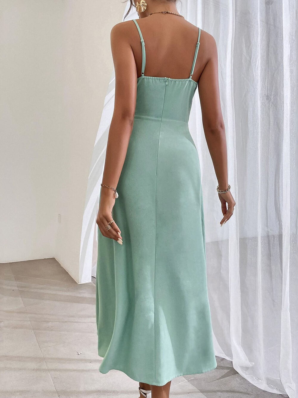 Elegant Spaghetti Strap Pleated Leg Slit Maxi Dress
