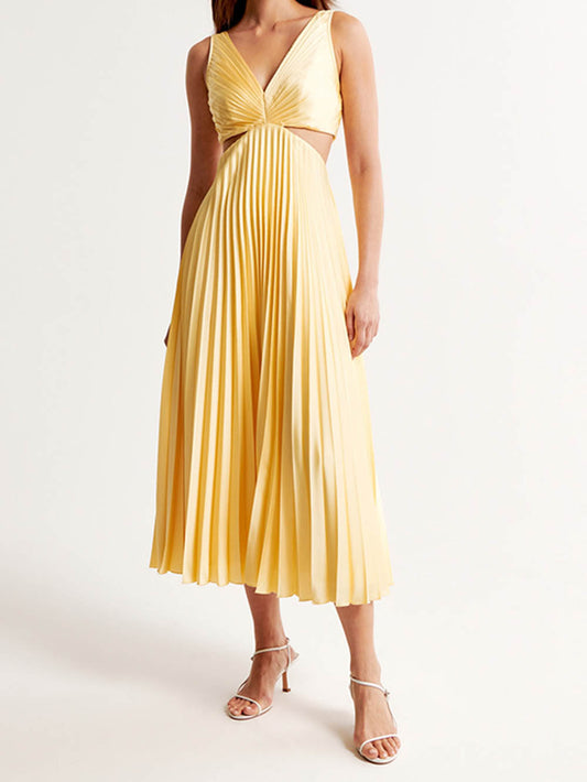 Pleated Cutout Waist Detail Loose Midi Dress