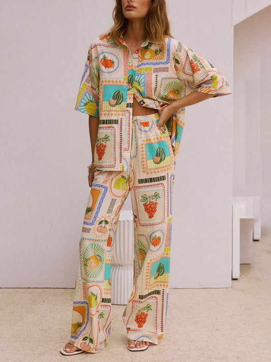 Printed Short Sleeve Shirt and Pants Set
