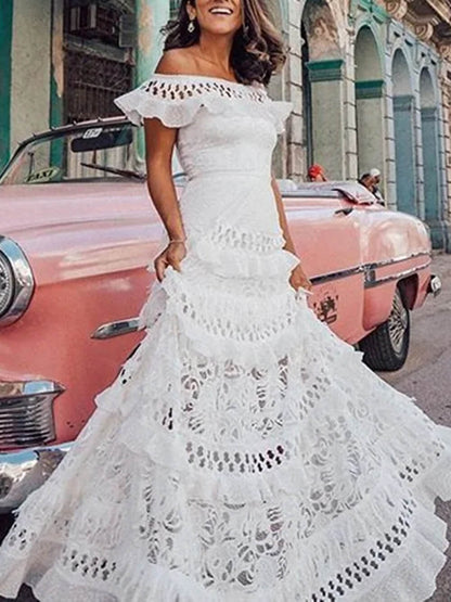 Off-Shoulder Ruffled Lace A-Line Dress