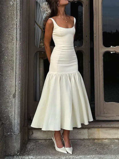 Graceful Square Neck Wide Strap Drop Waist Dress