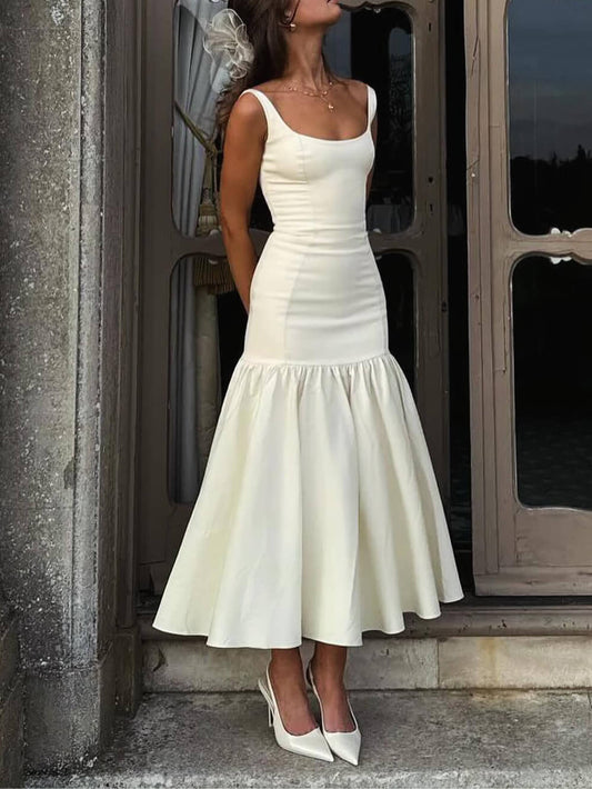 Graceful Square Neck Wide Strap Drop Waist Dress