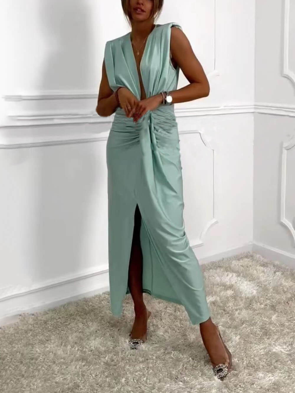 V-Neck Ruched Drape Slit Classic Dress