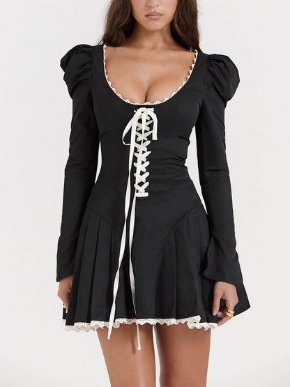 Long Sleeve U-Neck Tie-Back Mini Dress