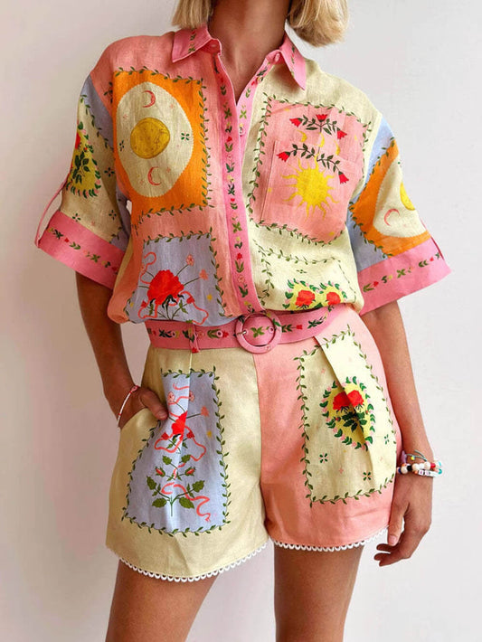 Printed Linen Shirt Shorts Set