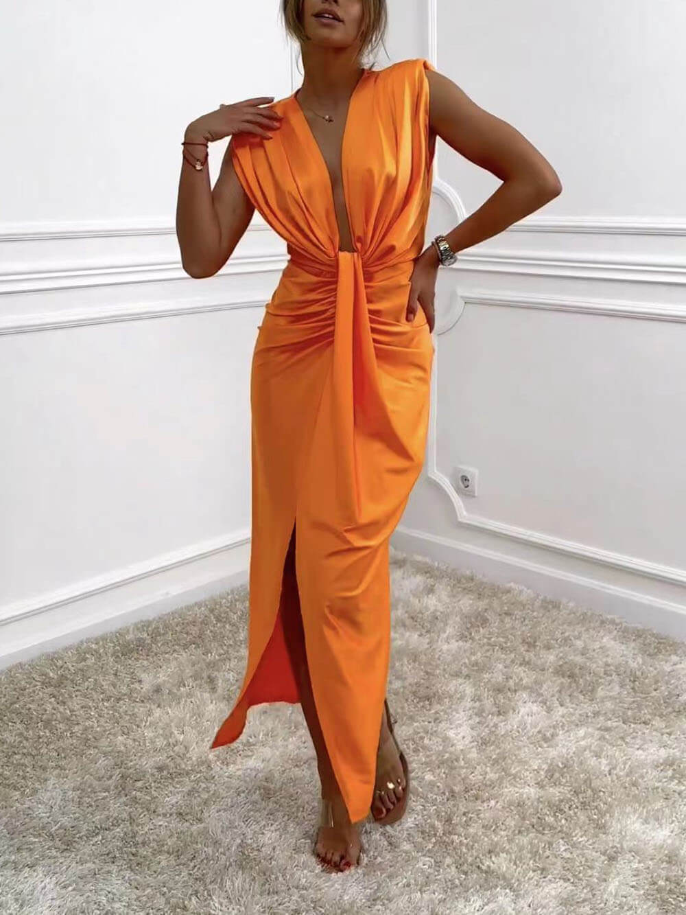 V-Neck Ruched Drape Slit Classic Dress